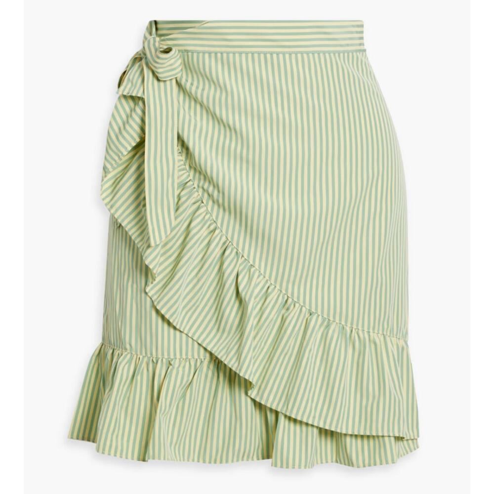 Walter Baker Sonny Faux Wrap Mini Skirt US 6 Ruffle Striped Poplin Yellow Green